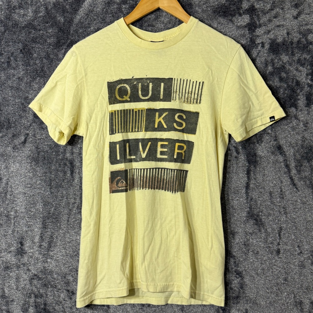 Quiksilver Mens Graphic T-Shirt Small Yellow Surf Skate Short Sleeve Y2K